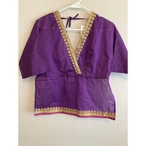 Blue Earth Women’s Top Purple Embroidered Festival BOHO Half Open Back Large NWT